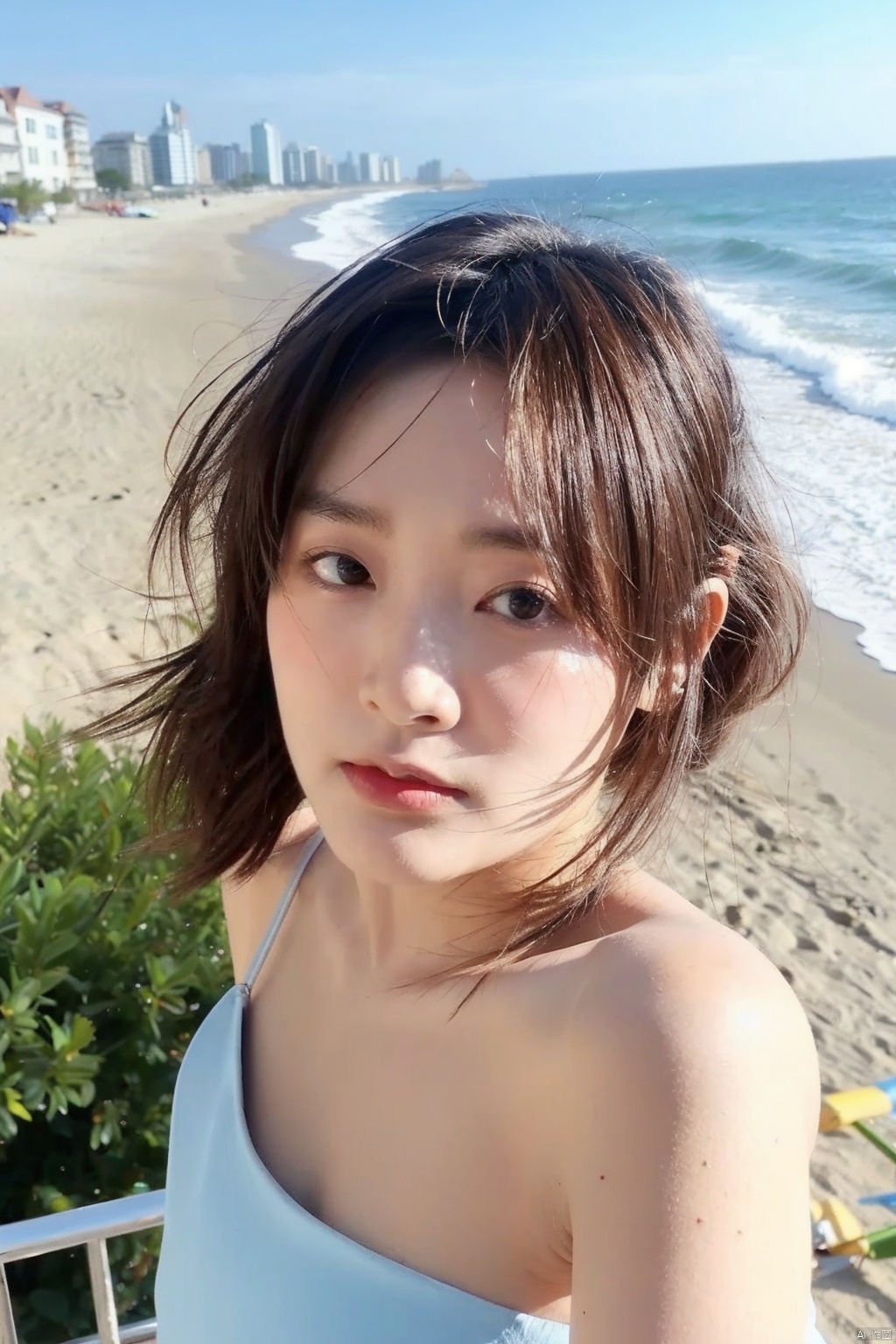  1girl,selfie, sea, wind, messy hair, sunshine, beach, (aesthetics and atmosphere:1.2),