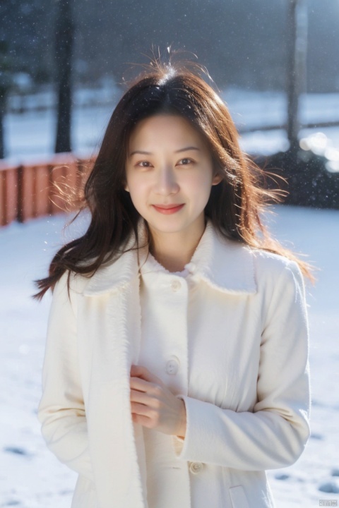  (masterpiece, best quality:1.2),Highly detailed,a woman,(snow:1.2),(snowing:1.2),snow,solo,scarf,long hair,smile,brown hair,bokeh,realistic,coat,blurry,, jiaxin, xiaoxue, 040, amei, yangyang, wawa, fanfan, cougar, cx, SaayaIrie, chenchen, alin, bobo, tianxiu