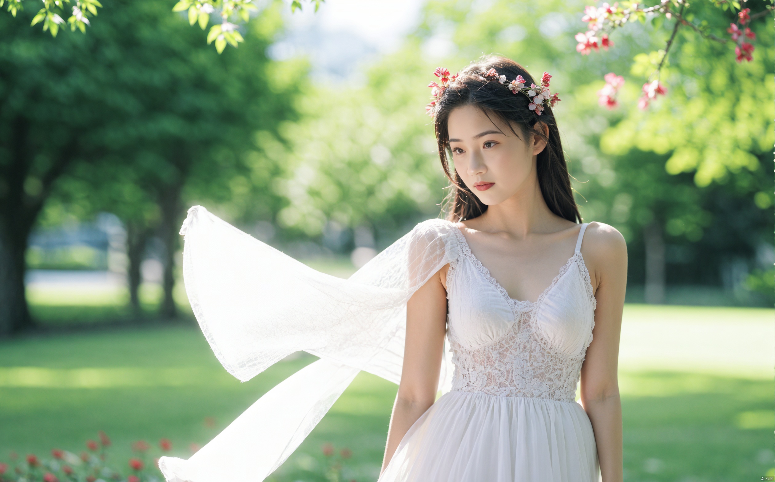  masterpiece, best quality, ultra high res, sexy beauty, slim figure, middle breasts, wearing lace maxi dress；A young girl with a slim figure and a large chest is wearing a long lace dress. She is standing in a field of flowers, with the sun shining on her face. The wind is blowing through her hair, and the flowers are swaying in the breeze. She is looking over her shoulder at the camera, with a seductive expression on her face. The field is filled with a variety of colorful flowers, and the air is filled with the scent of jasmine. The atmosphere is romantic and sensual. The camera is focused on the girl's body, with a shallow depth of field, chenchen, SaayaIrie, jiaxin