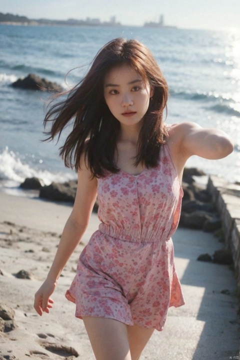  1girl,selfie, sea, wind, messy hair, sunshine, beach, (aesthetics and atmosphere:1.2),