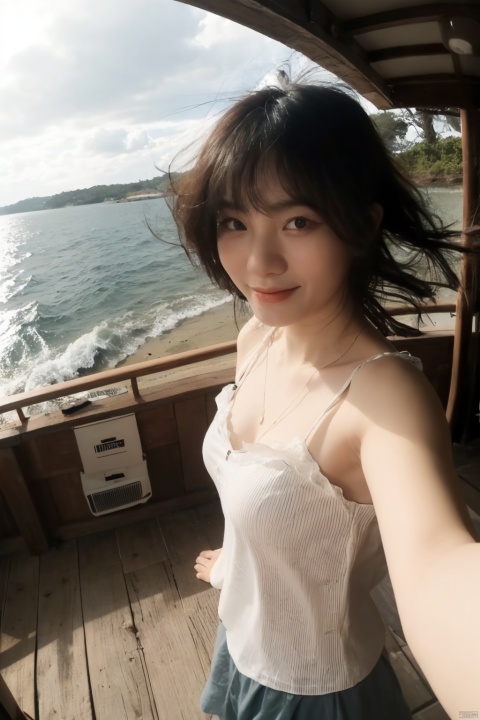 a Asian woman takes a fisheye selfie on a beach at sunshine, the wind blowing through her messy hair. The sea stretches out behind her, creating a stunning aesthetic and atmosphere with a rating of 1.2, ((poakl)), poakl ggll girl