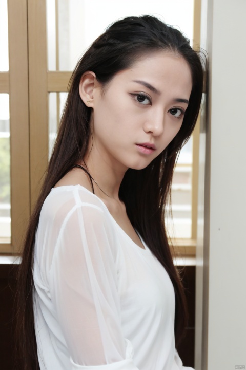  1girl, solo, long hair, looking at viewer, shirt, black hair, closed mouth, white shirt, upper body, indoors, black eyes, lips, window, realistic, nose