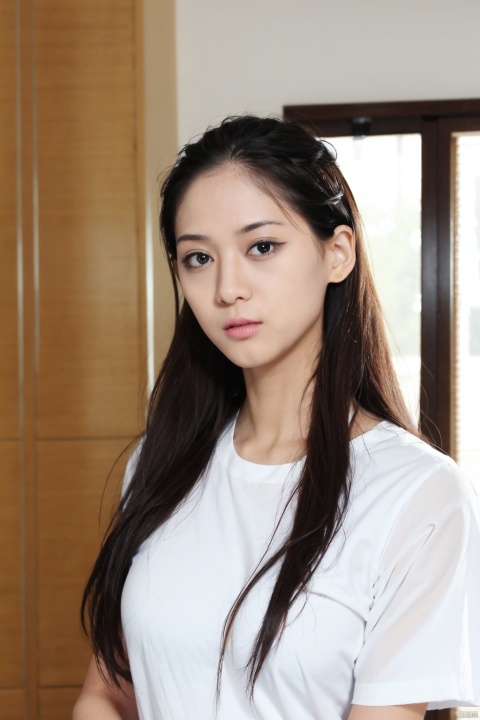1girl, solo, long hair, looking at viewer, shirt, black hair, closed mouth, white shirt, upper body, indoors, black eyes, lips, window, watermark, realistic, nose