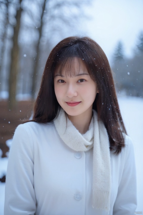  (masterpiece, best quality:1.2),Highly detailed,a woman,(snow:1.2),(snowing:1.2),snow,solo,scarf,long hair,smile,brown hair,bokeh,realistic,coat,blurry,, jiaxin, xiaoxue, 040, amei, yangyang, wawa, fanfan, cougar, cx, SaayaIrie, chenchen, alin, bobo, tianxiu, 1girl