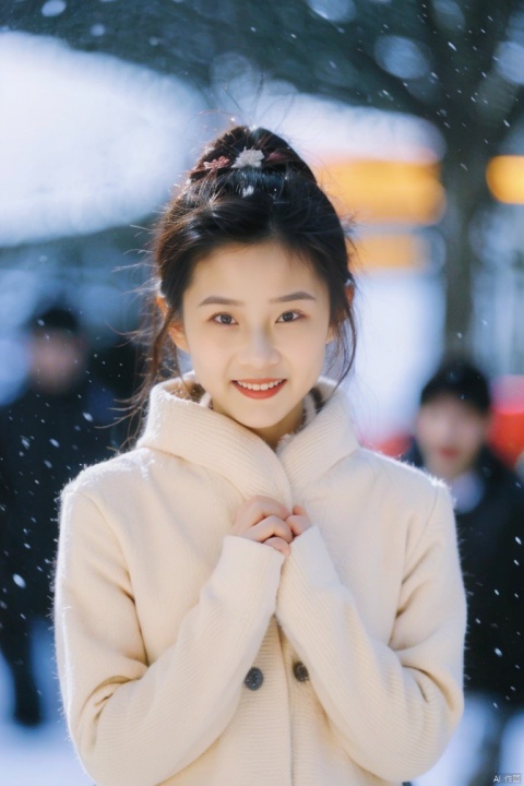  (masterpiece, best quality:1.2),Highly detailed,a woman,(snow:1.2),(snowing:1.2),snow,solo,scarf,long hair,smile,brown hair,bokeh,realistic,coat,blurry,, jiaxin, xiaoxue, 040, amei, yangyang, wawa, fanfan, cougar, cx, SaayaIrie, chenchen, alin