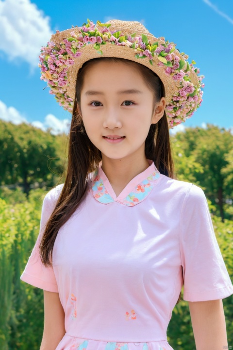  masterpiece, 1 girl, 18 years old, Look at me, long_hair, straw_hat, Wreath, petals, Big breasts, Light blue sky, Clouds, hat_flower, jewelry, Stand, outdoors, Garden, falling_petals, White dress, textured skin, super detail, best quality, ajkds, (\xing he\), kongque, JMLong, pink fantasy, chinese, Trainee Nurse, tongtong, 1girl