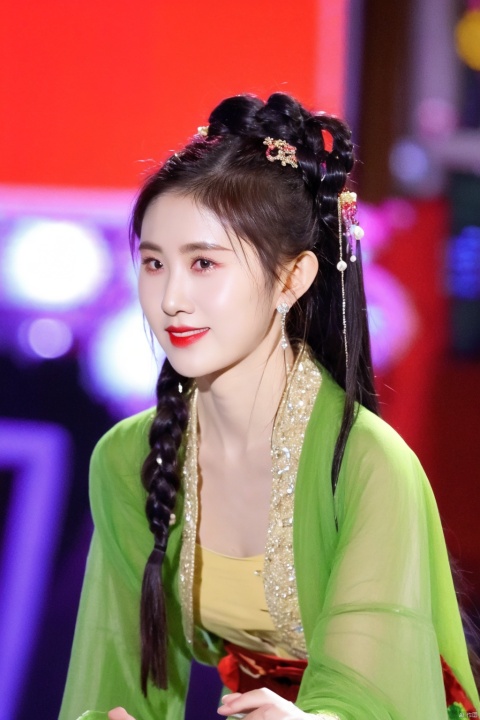 1girl, mask, jewelry, middle breasts, earrings, black hair, braid, blurry, blurry background, hair ornament, long sleeves, solo focus, realistic, long hair, chinese clothes, dress, upper body, red dress, red lips, black eyes, hanfu, QIEMANCN