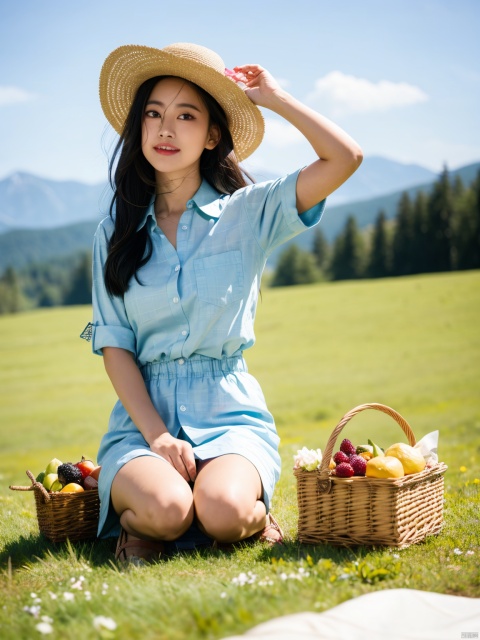  chahua,picnic,1girls,outdoors,hat,black hair,food,tree,open mouth,grass,shirt,sky,smile,opend eyes,white headwear,flower,cloud,sitting,long hair,holding,blush,blurry foreground,spoon,blurry,mountainous horizon,blue sky,plaid shirt,day,fruit,petals,mountain,picnic basket,hair ornament,feeding,white shirt,bird, lingling2.0