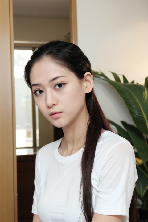  1girl, solo, long hair, looking at viewer, shirt, black hair, closed mouth, white shirt, upper body, indoors, black eyes, lips, window, realistic, nose