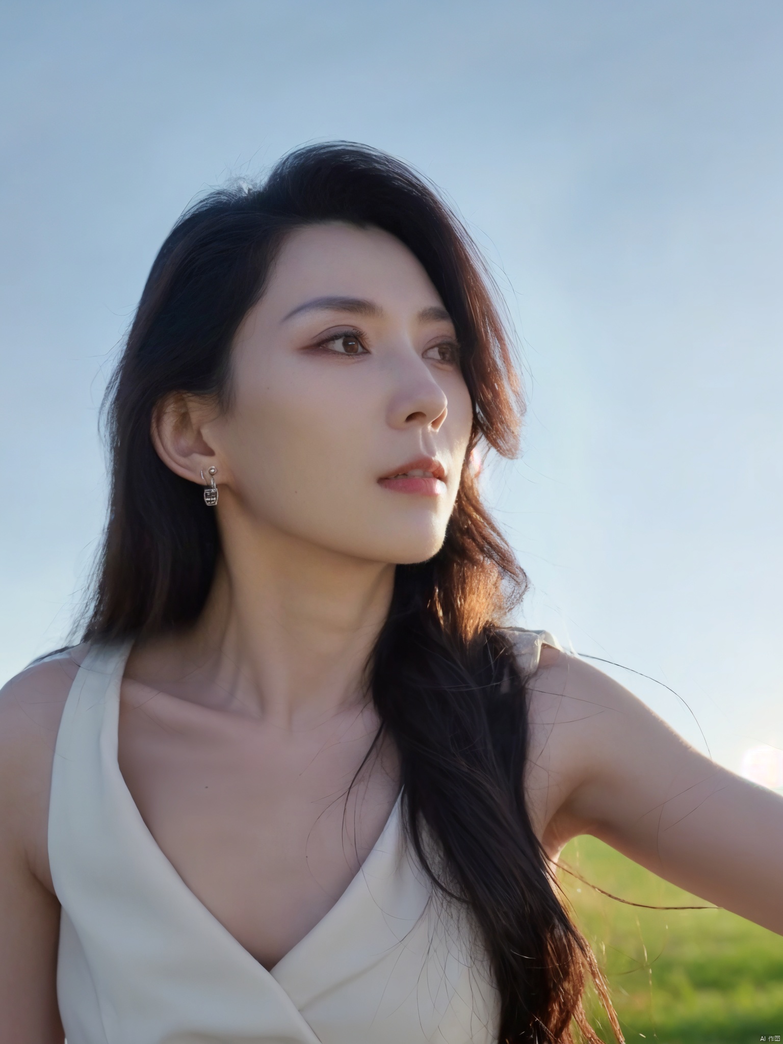1girl, solo, long hair, black hair, jewelry, upper body, earrings, outdoors, sky, day, mole, lips, looking to the side, looking away, realistic, nose