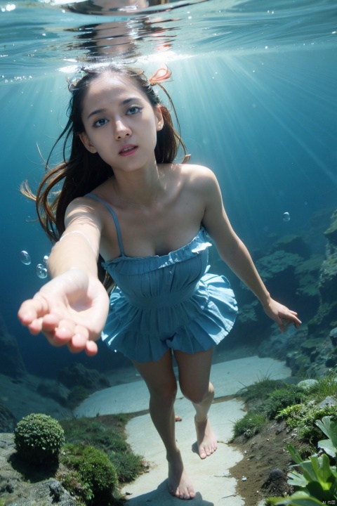  (masterpiece), (best quality), illustration, ultra detailed, hdr, Depth of field, (colorful), loli, wide shot,(solo:1.3),dramatic angle,(underwater:1.2),masterpiece,best quality,intricate detail,1girl,swimming,loli,(long hair:1.2),solo,expressionless,blue eyes,looking_up,shoulder strap dress,floating hair,floating clothes,god rays,bubble,barefoot,(full body:1.2),outstretched arm, ,perfect hands,Sea fish, colorful fish,water and grass,, xt