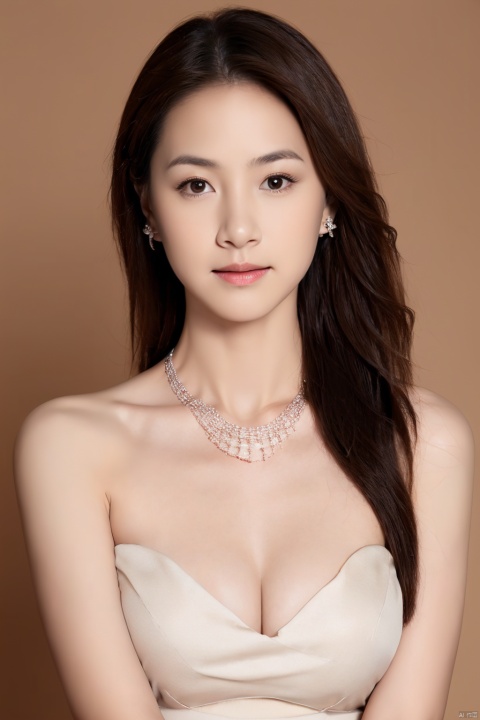 1girl, solo, long hair, breasts, looking at viewer, simple background, brown hair, cleavage, bare shoulders, brown eyes, jewelry, medium breasts, closed mouth, collarbone, upper body, earrings, grey background, necklace, lips, realistic, nose