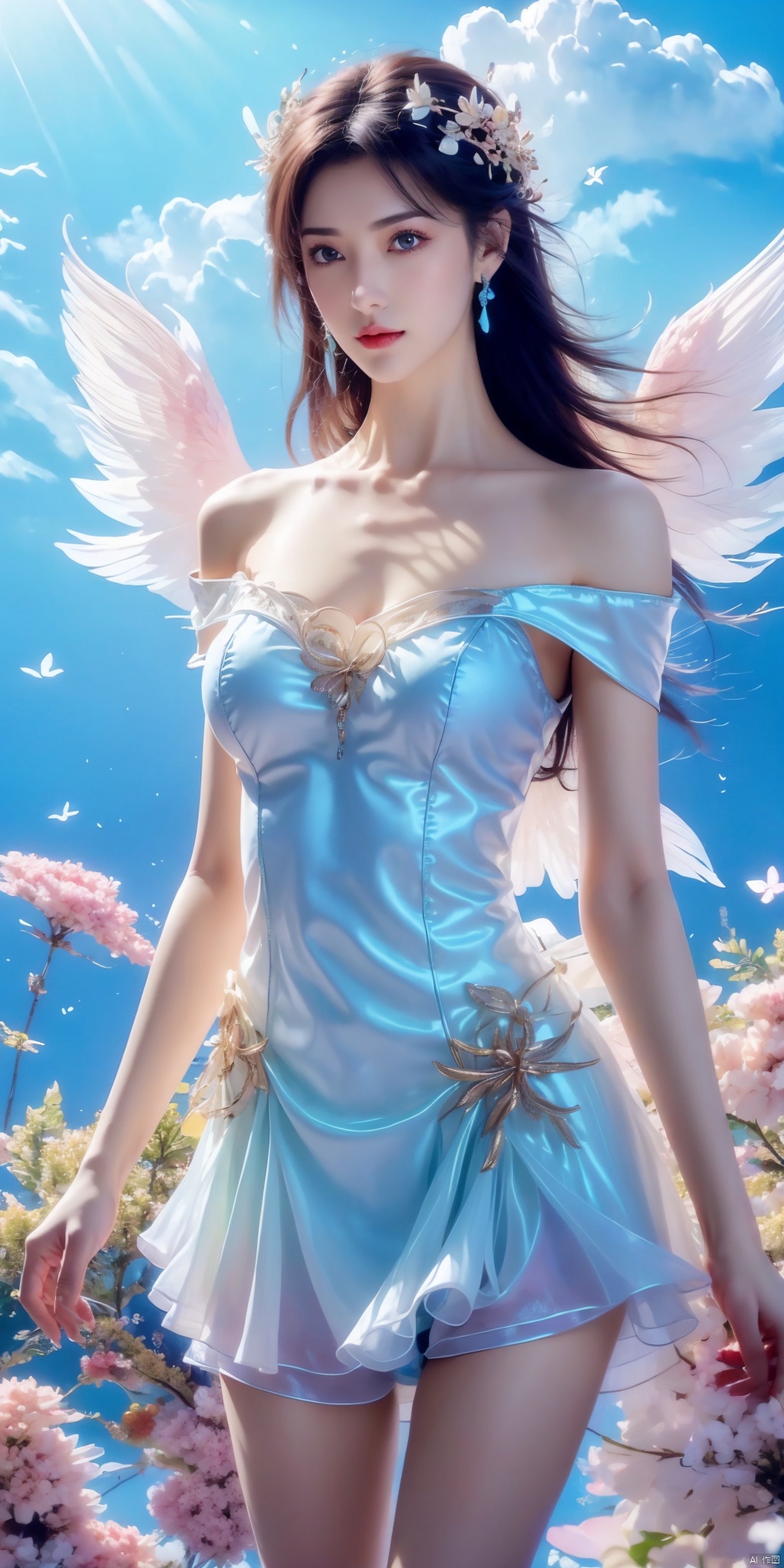 1girl, solo, jewelry, earrings, sky, day, hair_ornament, dress, blue_sky, long_hair, wings, cowboy_shot, blue_eyes, bare_shoulders, lips, cloud, outdoors