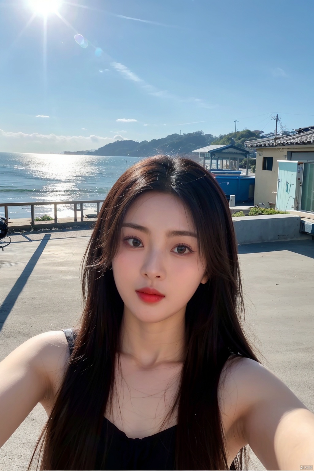  1girl,selfie, sea, wind, messy hair, sunshine, beach, (aesthetics and atmosphere:1.2), xiaolu, zhoudongyu,qiangshen,梨涡彤彤, zuo, liuyife, chaoyue