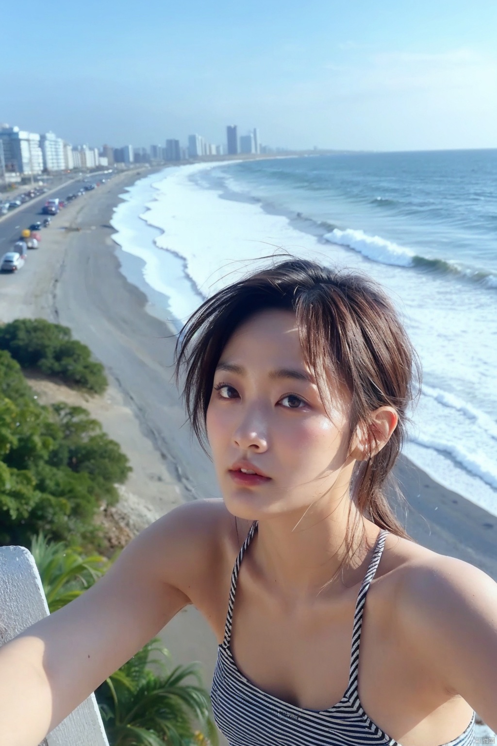  1girl,selfie, sea, wind, messy hair, sunshine, beach, (aesthetics and atmosphere:1.2),