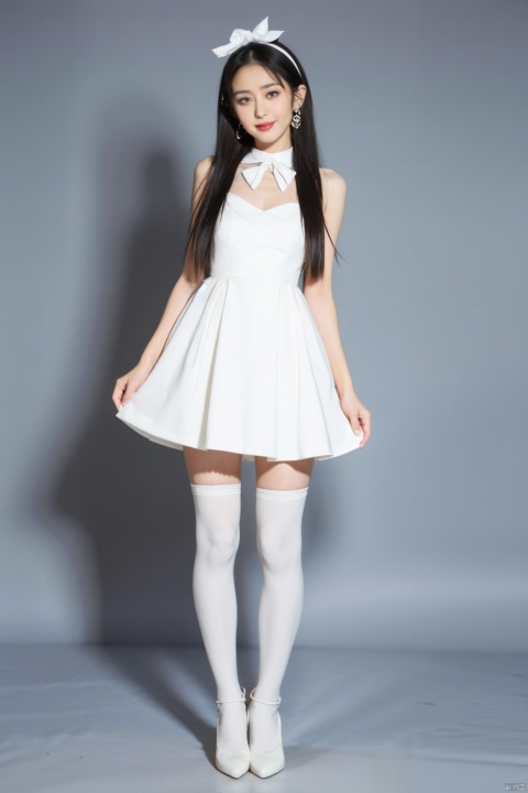 1girl, solo, thighhighs, black_eyes, black_hair, long_hair, dress, white_background, white_footwear, white_dress, full_body, simple_background, ahoge, white_choker, looking_at_viewer, frilled_dress, bow, halterneck, virtual_youtuber, frills, shoes, criss-cross_halter, standing