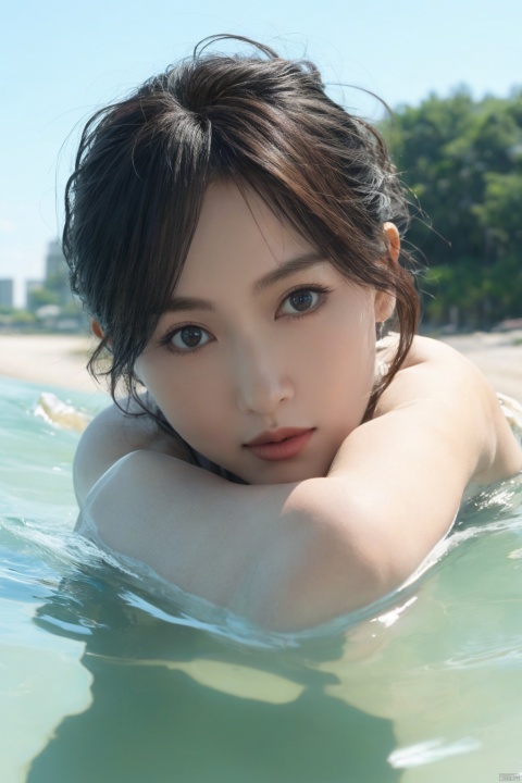 best quality, masterpiece,little girl,12 years old,beautiful detailed eyes,aqua eyes,solo,bunches,bangs,cute face,swimsuit,Playing in the water by the beach,realistic,8k, xiqing