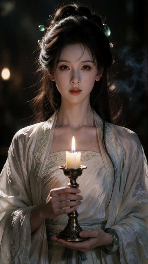 (masterpiece, best quality, ultra-detailed:1.2), (analog film photography, photorealistic, raw film scan:1.3), (chiaroscuro lighting, Rembrandt lighting:1.3), 1girl, young Chinese woman, pale East Asian skin, (long black hair in half-up style with jade hairpin:1.2), loose strands of hair across face, (dark brown eyes:1.1), faint beauty mark, natural bare skin, minimal makeup, slightly parted lips, calm melancholic expression, looking directly at viewer, (wearing white linen hanfu with strapless neckline:1.2), wrinkled textured fabric, (white silk pibo shawl draped over shoulders and head:1.3), sheer crinkled silk fabric, (jade bracelet on left wrist:1.1), (holding antique brass Chinese candlestick with white candle with both hands:1.3), candle centered at chest, aged brass patina with traditional Chinese patterns, (dark moody background:1.2), deep charcoal black, subtle warm bokeh glow in upper left, (warm golden side light from left:1.3), hard light casting deep shadows on right side of face, candlelight ambiance, (shot on Pentax 67, 105mm f/2.4 lens:1.2), (Kodak Portra 800 film:1.3), pushed one stop, heavy film grain, warm orange-brown color grade, crushed blacks, soft highlight roll-off, natural skin texture, visible pores and skin imperfections, shallow depth of field, (medium shot from waist up:1.1), vertical composition, fine art portrait photography, classical Chinese painting atmosphere, sacred and mysterious mood, ancient Chinese priestess aesthetic