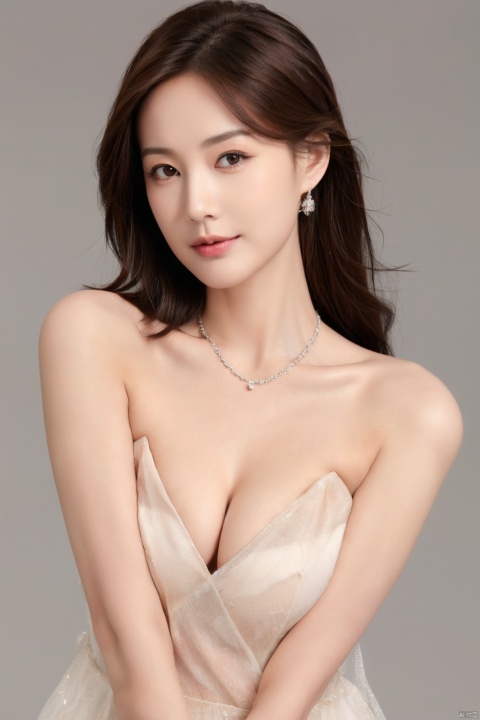  1girl, solo, long hair, breasts, looking at viewer, simple background, brown hair, cleavage, bare shoulders, brown eyes, jewelry, medium breasts, closed mouth, collarbone, upper body, earrings, grey background, necklace, lips, realistic, nose