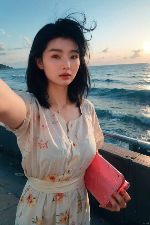  1girl,selfie, sea, wind, messy hair, sunshine, beach, (aesthetics and atmosphere:1.2),