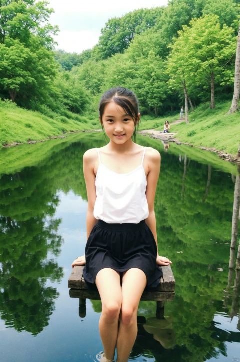 1girl, solo, sitting by the lake, playing water with feet, patting water, water reflection, ripples, flowers, trees, grass, sunny, delicate lighting