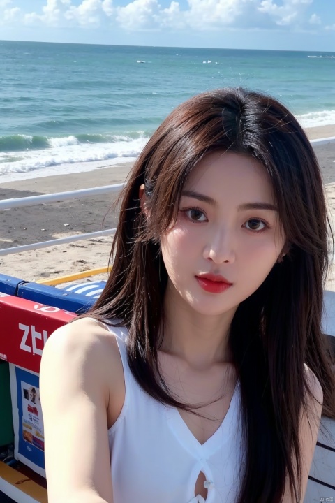  1girl,selfie, sea, wind, messy hair, sunshine, beach, (aesthetics and atmosphere:1.2), xiaolu, zhoudongyu,qiangshen,梨涡彤彤, zuo, liuyife, chaoyue