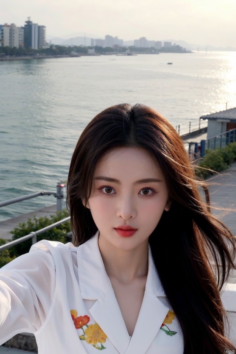  1girl,selfie, sea, wind, messy hair, sunshine, beach, (aesthetics and atmosphere:1.2), xiaolu, zhoudongyu,qiangshen,梨涡彤彤, zuo, liuyife, chaoyue