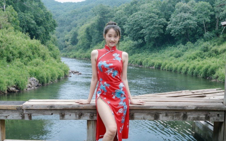  (Best quality, masterpiece, details), full body, 1 girl, beautiful face, wearing traditional Chinese clothing, side slit lace dress, white knee socks, plump figure, smile, red crowned crane, complex clothing, exquisite plant depiction, floral background, details, highly detailed, full of hidden details, real skin, red and turquoise, hydrangea,blue, (mountain), (River), an epic scene, , tongtong, jiaxin