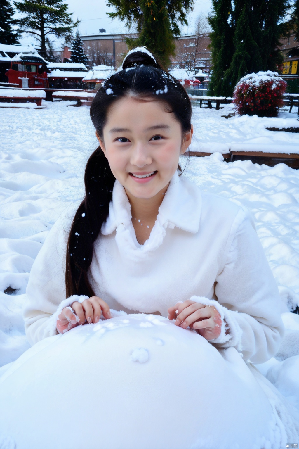  (Masterpiece),(Ultra High Resolution), joyfully playing snowball fight in heavy snow. faces are filled with happy smiles, and snowflakes are falling on their hair and collars. The surrounding is a vast expanse of white snow, only their footprints disturbing the purity. Snowflakes in the sky fall like cotton candy, adding a touch of sweetness to this winter scene. This is a vibrant and joyful winter afternoon, Fashion Style,jellyfishforest, takei film, 1girl, tianxiu,moyou, tongtong