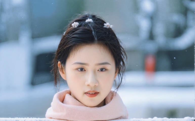  (masterpiece, 4k, best quality, highly detailed, 1girl, solo), (masterpiece, best quality:1.2),Highly detailed,a woman,(snow:1.2),(snowing:1.2),snow,solo,scarf,long hair,smile,brownhair,bokeh,realistic,coat,blurry,,jiaxin,xiaoxue,040,萌萌, tong, lingling