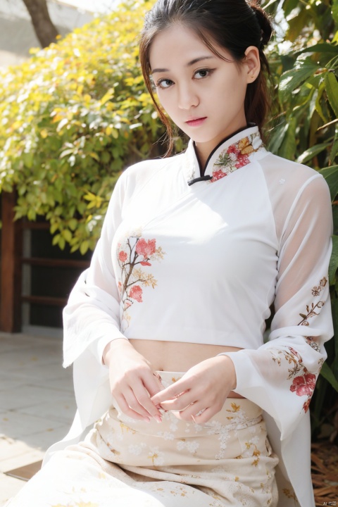 1 girl, wearing a white dress with floral patterns printed on it, featuring gold and white themes for a sense of coordination, order, half body, close-up, upper body, outdoor, front, best image, fallen leaves, branches, autumn leaves, Chinese clothing, ancient style, Chinese long skirt, long sleeves, double layered light gauze skirt, brown eyes, black hair, ultra-high definition, super-resolution, high-resolution,
