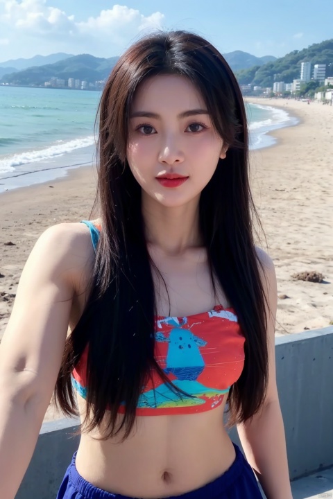  1girl,selfie, sea, wind, messy hair, sunshine, beach, (aesthetics and atmosphere:1.2), xiaolu, zhoudongyu,qiangshen,梨涡彤彤, zuo, liuyife, chaoyue