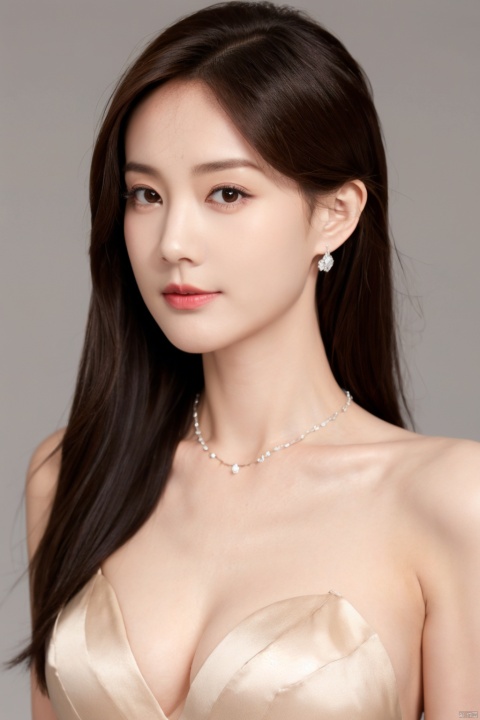  1girl, solo, long hair, breasts, looking at viewer, simple background, brown hair, cleavage, bare shoulders, brown eyes, jewelry, medium breasts, closed mouth, collarbone, upper body, earrings, grey background, necklace, lips, realistic, nose