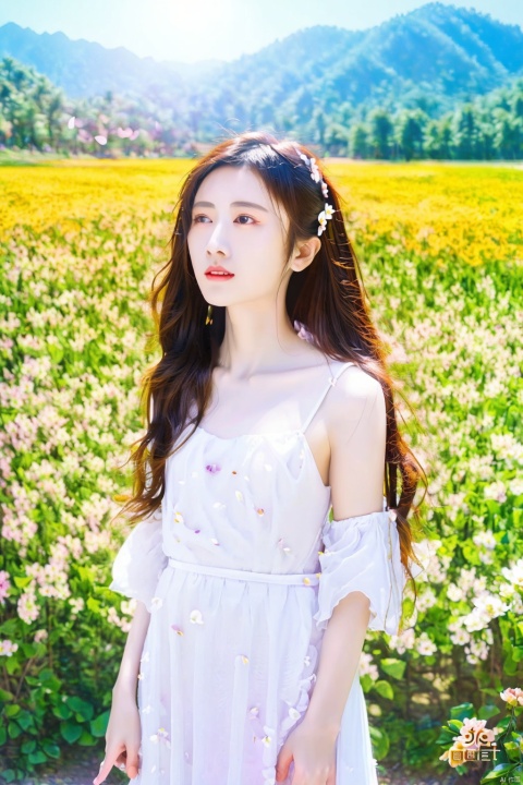  (nature:1.1), flower field, standing, sky, (petals:1.21), (flower:1.1), (masterpiece:1.1), (best quality:1.21), (ray tracing:1.331), (illustration:1.21), outdoors, 1girl, solo, long hair, upper body, white dress, straight-on,1girl, pld, (\xing he\), tongtong, chenchen, quanzhen,moyou, lianhua, lingsha