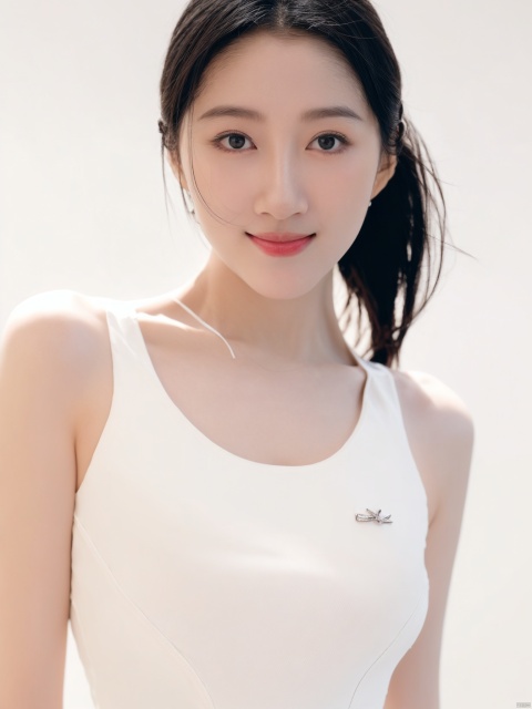 Fine art photography of a beautiful Japanese woman , youth smile, black ribbed tank top, front view, low angle, high key, white hue, solid white background, minimalist, simple, muted color, cinematic, coarse film grain --ar 2:3 --style raw --stylize 250 --niji 6