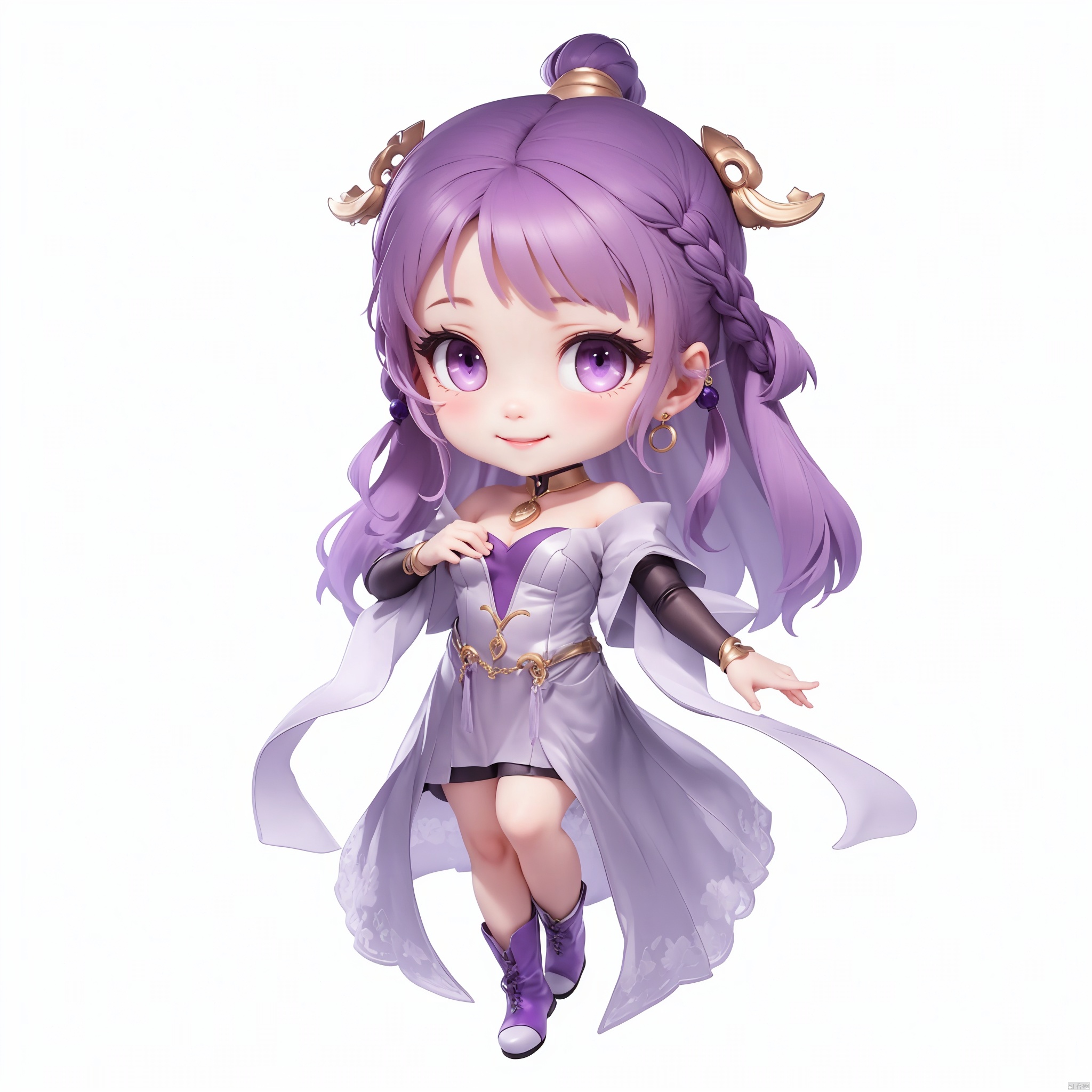  (masterpiece),(best quality),(ultra-detailed), (full body:1.2),1girl, solo, purple hair, purple eyes, dress, long hair, smile, chibi, white background, purple footwear, boots, earrings, looking at viewer, jewelry, simple background, closed mouth, braid, bare shoulders, blush, purple dress, crescent, breasts, bangs, standing, long sleeves, full body