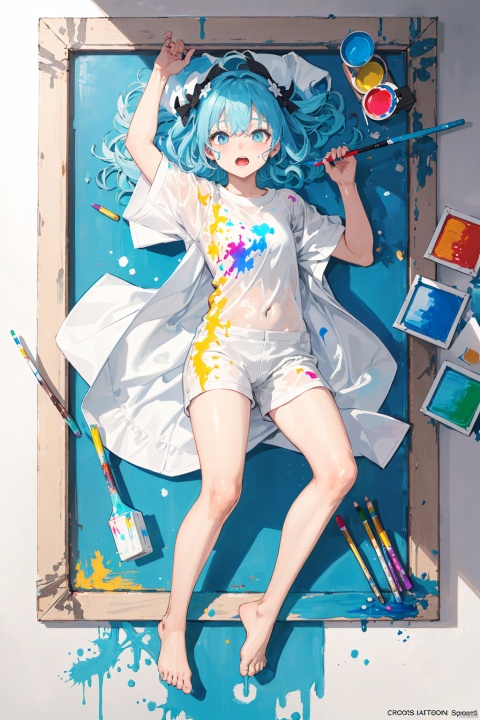  Full body image, ultra high perspective, girl, light blue hair, covered in paint, colorful, gradient, transparent clothes soaked in paint, lying on the frame, paint bucket, brushes, crayons, sprinkled with paint, paper, paint board, panicked, panicked