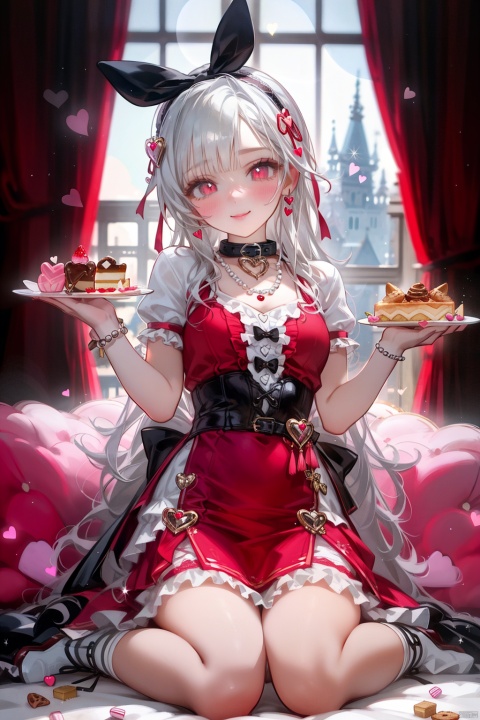 1girl,solo,bishoujo,gothic_lolita,lolita,smile,highres,absurdres,incredibly absurdres,wallpaper,illustration,rim light,Volumetric Lighting,lens flare,available light,fantasy,ceiling window,castle,cat,cake,candy,candy_cane,cookie,kafuu_chino,fruit,Gelatin,doughnut,dango,cream,cotton_candy_,peach,taiyaki,sundae,jam,bouquet,cup,plate,fork,heart-shaped_box,spoon,gift_box,looking_at_viewer,gradient,white_bodystocking,thigh_ribbon,garters,fluffy,see-through,lace,boots,lolita_hairband,lace-trimmed_hairband,frilled_hairband,gem,collar,ribbon,crystal,necklace,leg_ribbon,pearl bracelet,blush,shy,white_skin,plump,silver hair,bangs,hime cut,makeup,fundoshi,eyeshadow,lipstick,mascara,long_eyelashes,heart-shaped_pupils,small nose,heart-shaped mouth,pink_nails,long_fingernails,big breasts,collarbonea,slender_waist,(long hair),red eyes,