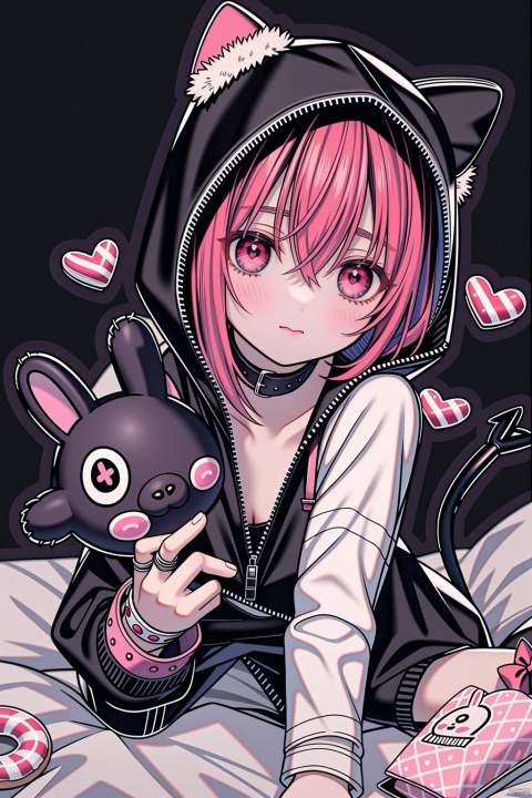 black_background,on a desert,teen,((1boy)),succubus,white_skin,fair_skin,red hair,hair between eyes,makeup,eyeshadow,pink eyes,heart-shaped_pupils,seductive_smile,arm_support,highres,absurdres,incredibly absurdres,Cinematic Lighting,doughnut,drink,candy,candy_cane,jam,dutch angle,foreshortening,from_below,eyeball,looking_at_viewer,face_focus,bust,disgust,disdain,jitome,metal collar,bandage,hooded_coat,koakuma,bed_sheet,carpet,pillow_hug,stuffed_animal,stuffed_bunny,bedroom, HTTP,short hair, best quality,<lora:660447313082219790:1.0>