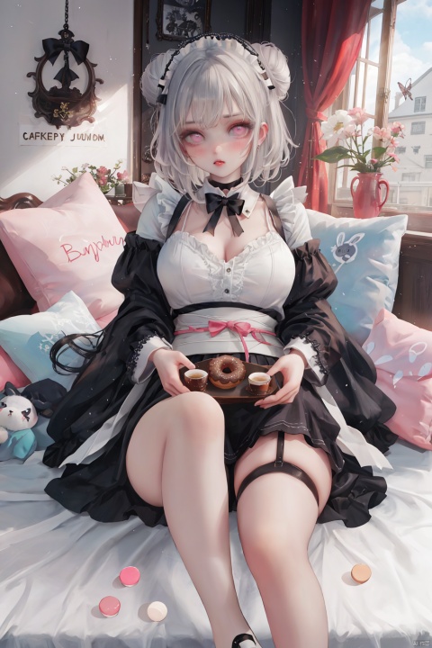 teen,fair_skin,fleur_de_lapin_uniform,maid_apron,white_bodystocking,garter_straps,lace,paw_print_soles,maid_headdress,light_blush,holding_candy,covering_mouth,highres,absurdres,incredibly absurdres,huge filesize,rainbow,summer festival,coffee house,cake,candy,cotton_candy_,cream,doughnut,ice_cream,jam,food_stand,full_shot,plump,adorable_girl,kawaii,bunches,bob cut,double bun,makeup,fundoshi,eyeshadow,lipstick,mascara,grey hair,pink eyes,butterfly-shaped_pupils,big breasts,on back,on stomach,bedroom,bed_sheet,koakuma,stuffed_bunny,pillow,dumpling_Hug_Pillow,stuffed_animal,bed,clothes_rack,curtains,window_,sash,