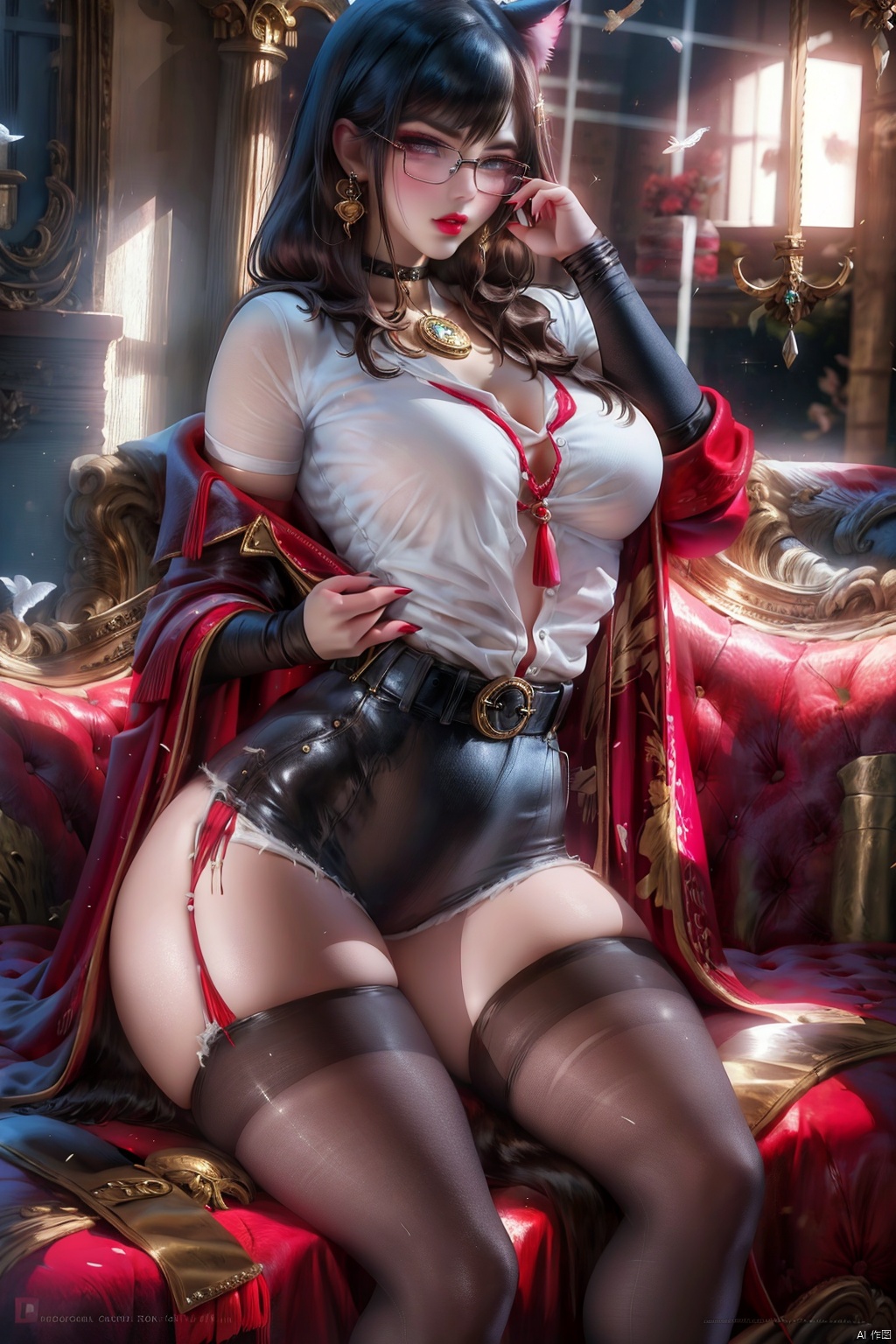 1girl,queen,*****,fair_skin,plump,red hair,swept bangs,high ponytail,lipstick,cat ears,yellow eyes,slit_pupils,huge breasts,suit,shiny_clothes,skirt_suit,black_bodystocking,tight,fine_fabric_emphasis,thigh_boots,glasses,single_sleeve,latex_gloves,cross_hair_ornament,crystal,necklace,stud_earrings,collar,belt,bracelet,stud earrings,bunching_hair,feeding,highres,absurdres,incredibly absurdres,huge filesize,wallpaper,Volumetric Lighting,Cinematic Lighting,metallic luster,moody lighting,Tyndall effect,black,red,moon,indoor,bedroom,couch,koakuma,cushion,carpet,pillow,bat,full_shot,looking_at_viewer,front view,eyeshadow,fundoshi,makeup,long_eyelashes,red_lips_,blush, poakl ggll girl,流光,only 1girl, ((poakl))