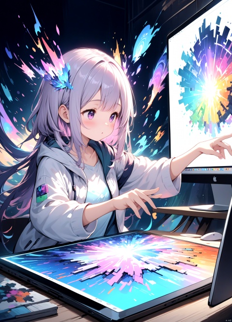 A girl engrossed in digital art, her fingers deftly dancing upon the tablet, blending pixels into mesmerizing masterpieces. Colors burst forth on the screen, a fusion of technology and creativity, as she breathes life into her digital dreams.