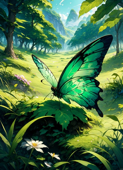  Best quality, very good, 16 thousand, ridiculous, extremely detailed, gorgeous transparent emerald butterfly, background grassland ((masterpiece full of fantasy elements))), ((best quality)), ((intricate details ))(8k)