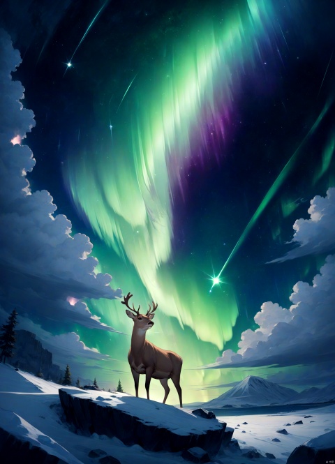 a lonely deer, solo, standing on a rock at sea, looking up to the sky, watching the sky, many fireballs flying and fallen down from outer space, a doom day of earth, halo, aurora mixed with shooting stars, animal focus, grand view, light sparkles, glory light in clouds,
very pleasing, newest, high score image, very aesthetic,