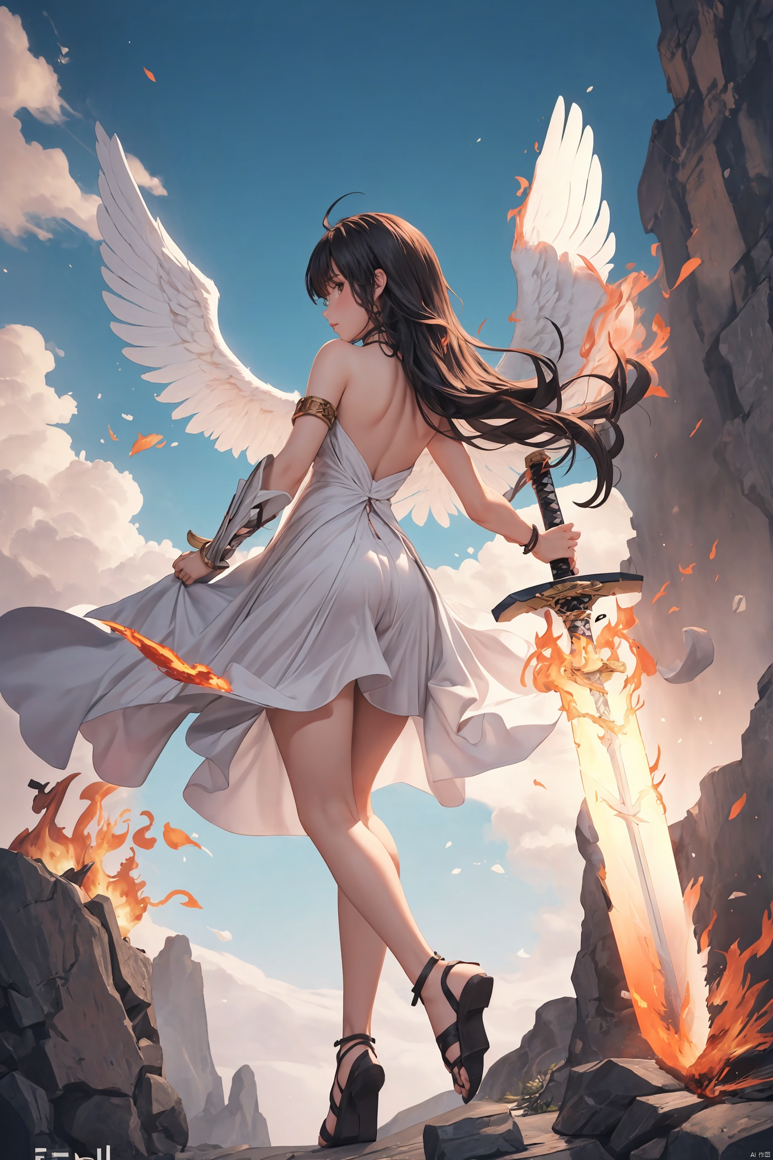 1girl,solo,wings,long hair,jewelry,bracelet,cloud,flying,dress,sandals,angel wings,sky,floating hair,angel,hand guard,hilt,feathered wings,outdoors,(weird rock:1.2),(handheld flaming sword:1.4),from_below,turn back,looking_at_viewer,