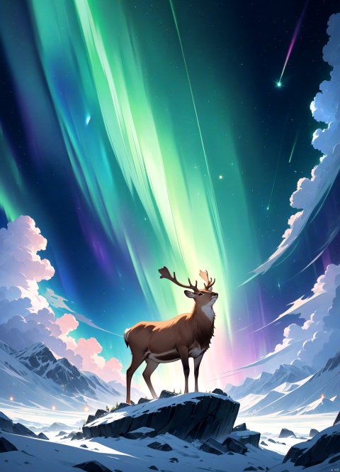 a lonely deer, solo, standing on a rock at sea, looking up to the sky, watching the sky, many fireballs flying and fallen down from outer space, a doom day of earth, halo, aurora mixed with shooting stars, animal focus, grand view, light sparkles, glory light in clouds,
very pleasing, newest, high score image, very aesthetic,