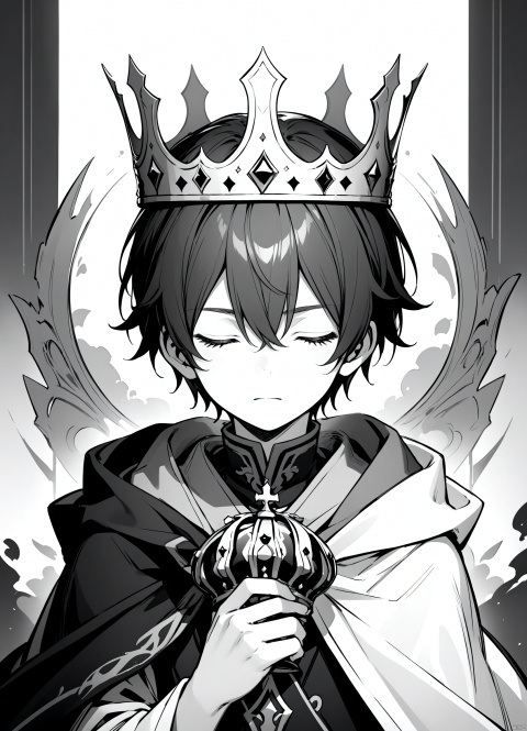 a young male character with short hair,wearing a collared shirt and a cloak. He is holding a crown,which is the focal point of the image. The character appears contemplative or in deep thought,with his eyes closed. The background is plain white,ensuring that the viewer's attention is drawn solely to the character and the crown. The artwork is in grayscale,emphasizing the contrast between the character's attire and the background.,