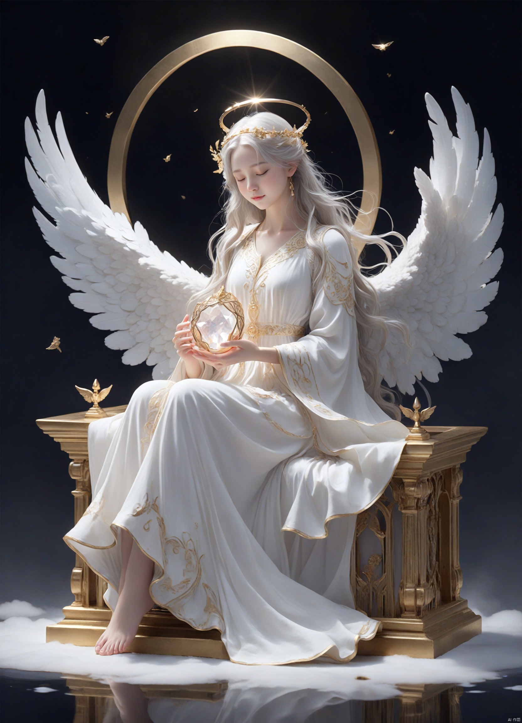  The image showcases a beautifully crafted figurine of an angelic character. The angel has long, flowing white hair, closed eyes, and is adorned with a halo. She is seated on a cloud-like structure, with wings spread out on either side. The angel is wearing a white dress with gold accents, and she holds a small object, possibly a gem or a trinket, in her hands. The background is dark, emphasizing the character and the details of her attire.