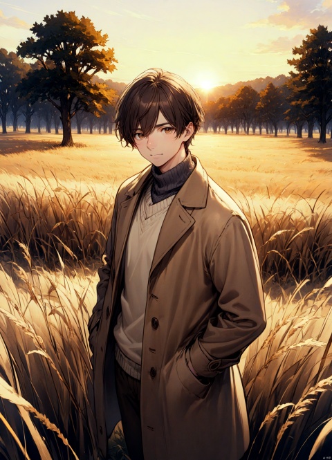 A man in a brown coat and beige sweater stands in an open field during the golden hour, gazing directly at the camera, surrounded by tall, dried grasses and trees in the distance.