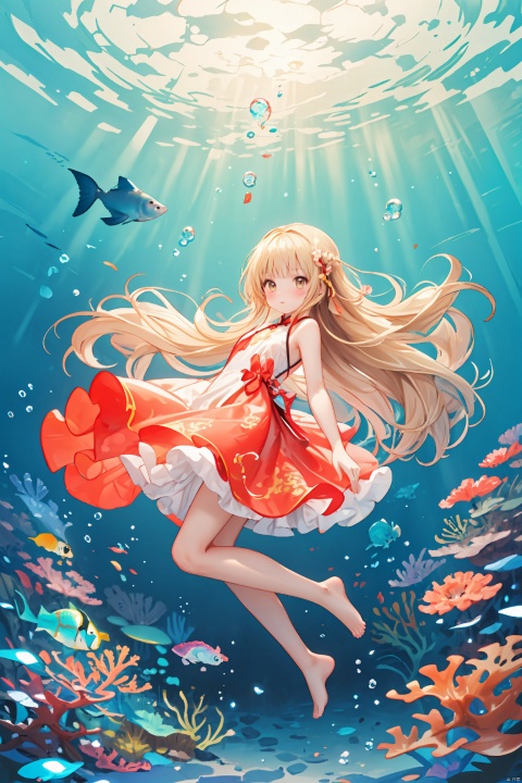  (masterpiece), (best quality),(illustration), ((chinese colorful ink)),wide shot, best quality, epic scenes, impactful visuals, 
1girl, solo, long hair, looking at viewer, blush, blonde hair, bow, brown eyes, very long hair, dress, underwater, barefoot, jellyfish, bubble, bangs, coral, bare legs, sleeveless, full body, air bubble, fish,